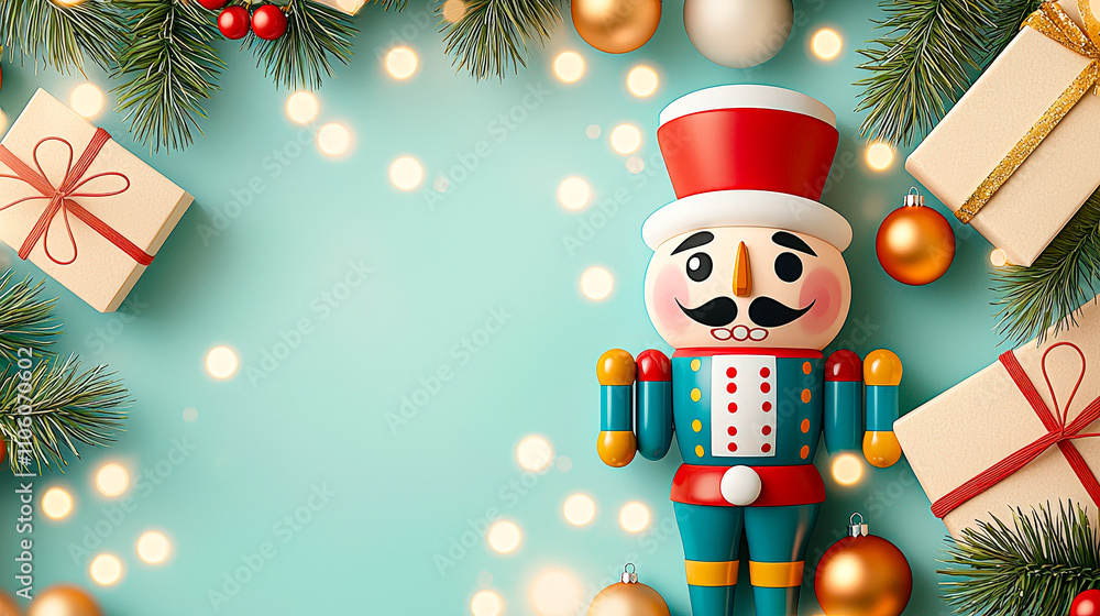 Poster a colorful nutcracker stands among wrapped gifts and ornaments, surrounded by holiday greenery and s