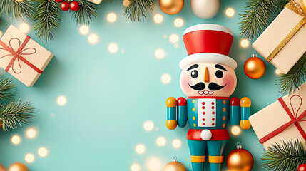 Naklejka premium A colorful nutcracker stands among wrapped gifts and ornaments, surrounded by holiday greenery and soft lights creating a cheerful atmosphere