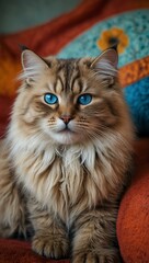 Fluffy Siberian cat with blue eyes on a colorful sofa.