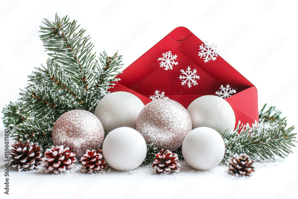 Poster a collection of white and silver ornaments nestled among pinecones and evergreen branches beside a r