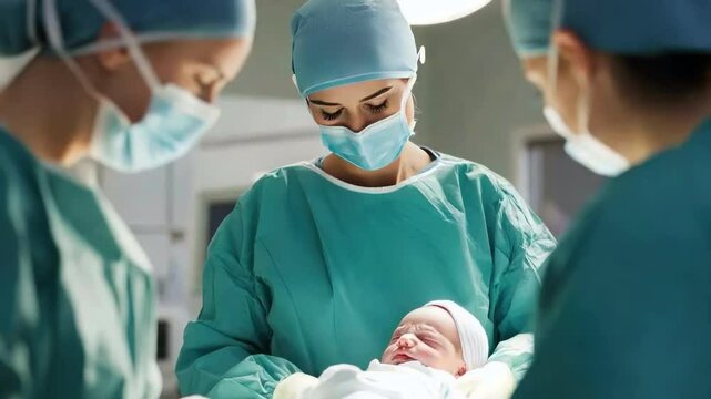 Team of surgeons and nurses are working together, performing a surgical procedure on a newborn baby in a modern operating room