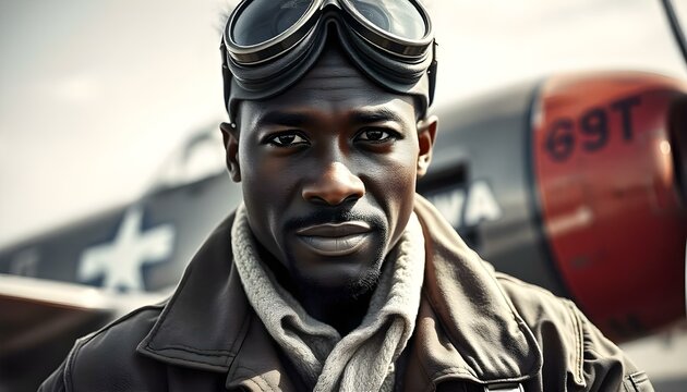 World War II pilot, an African American male in a bomber jacket and aviator goggles