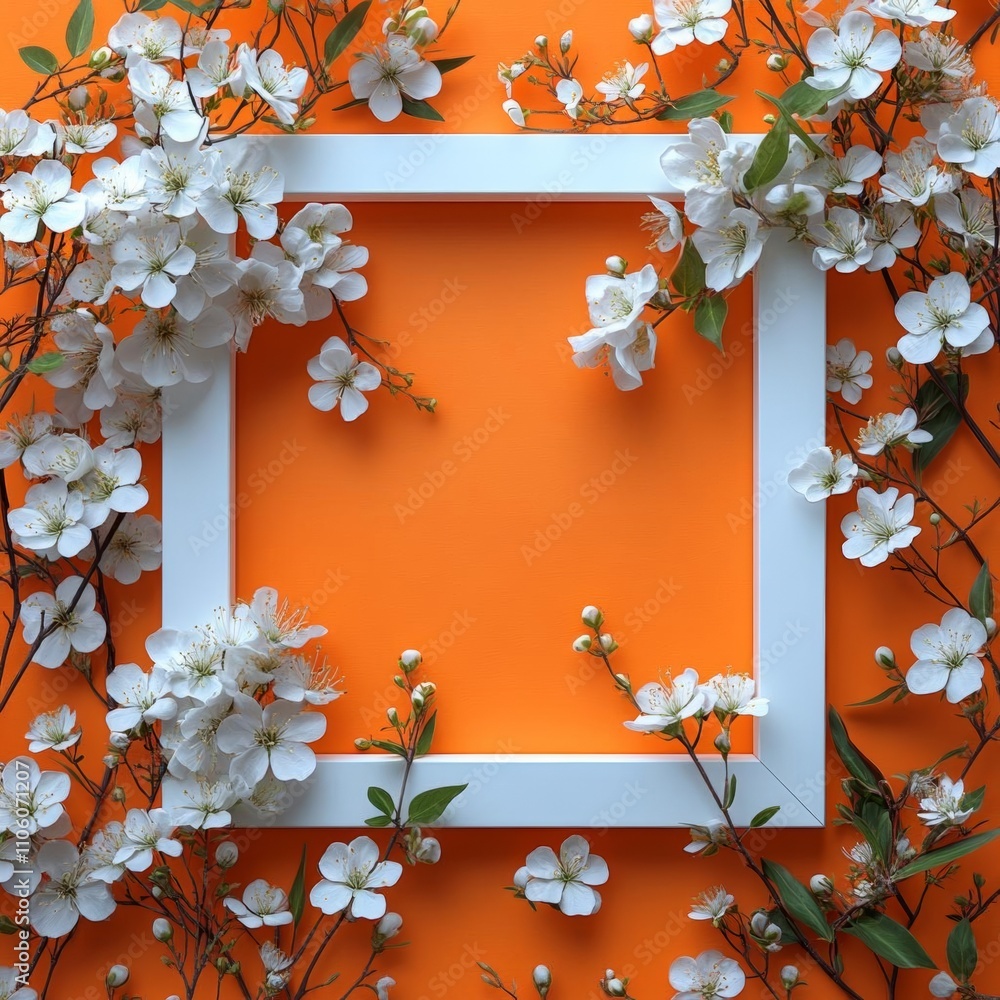 Poster empty white picture frame for insert text or image inside with white flower decorate on orange paste
