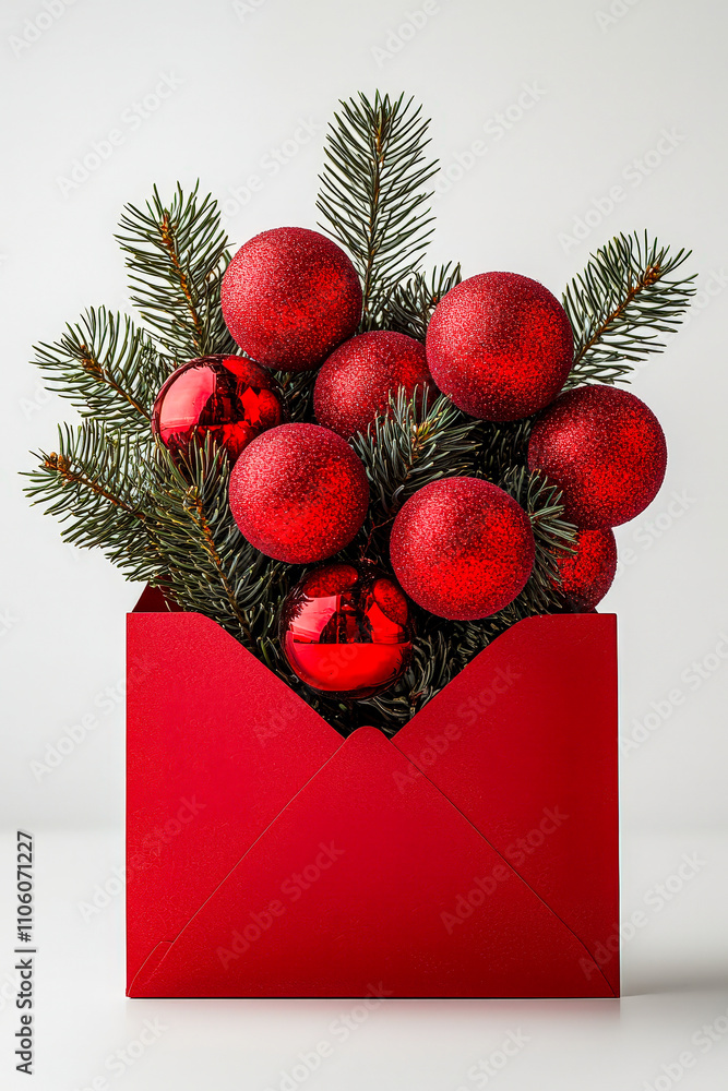 Poster a vibrant red envelope displays sparkling ornaments and fresh evergreen branches, creating a festive