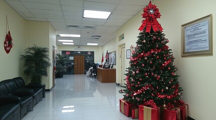 Festively decorated office hallway with Christmas tree adorned with red ornaments and gifts, evoking a warm and welcoming holiday atmosphere.