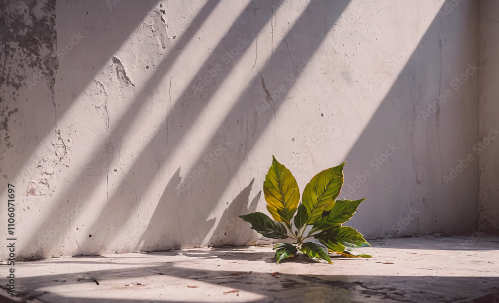Poster leaf is on the ground in front of a wall. the leaf is green and has a stem