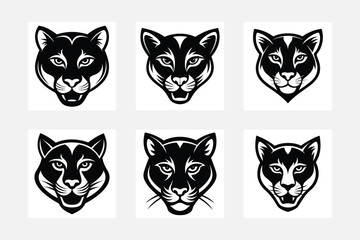 Set of cougar head silhouette vector art illustration.