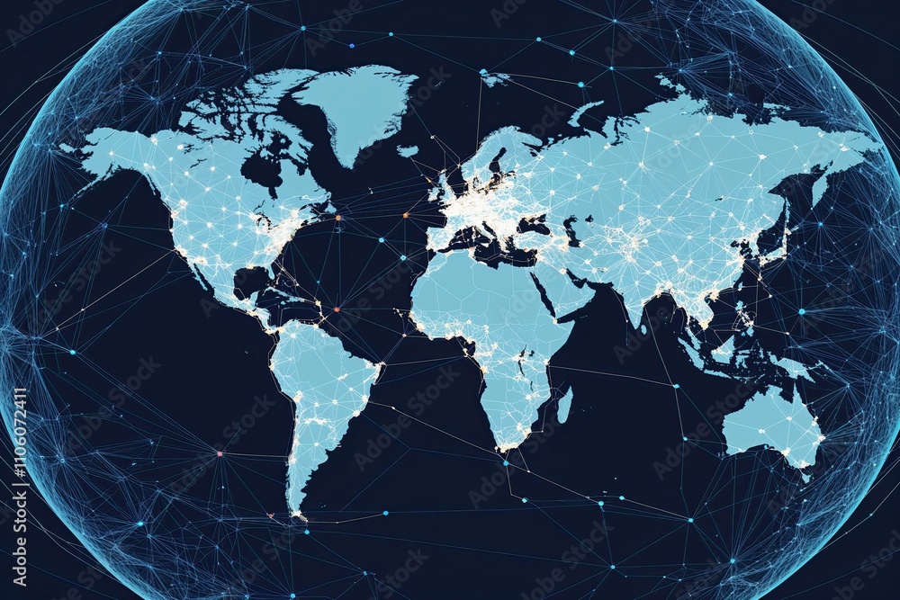 Poster global interconnected map visualizing networked commerce and digital communication nodes and lines