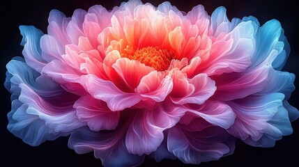 A vibrant, intricately detailed flower with soft petals in shades of pink and blue.