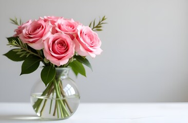 Fototapeta premium Bouquet of pink roses in vase on grey background. Copy space.