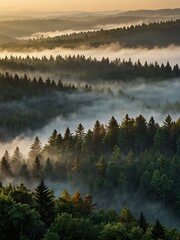 Fog enveloping a mountain forest at sunrise.