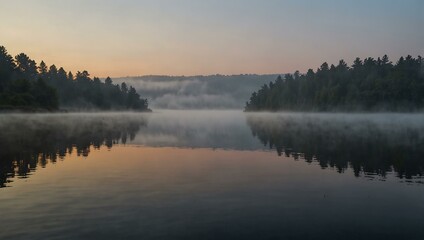 Fototapeta premium Fog over a lake at dawn.
