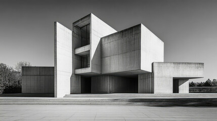 Capturing dynamic angles and contrasting shadows on a neo brutalist building in black and white