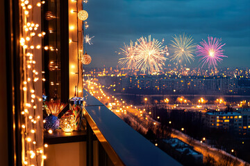 Balkonansicht auf ein spektakuläres Neujahrsfeuerwerk über der Stadt. Festliche Details wie Lichter und Sparklers verleihen der Szene eine intime, feierliche Stimmung