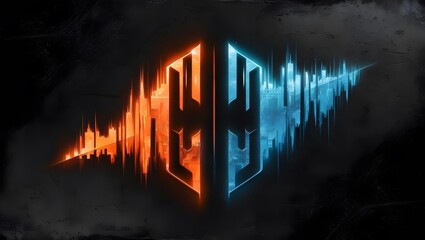 Obraz premium Dark grainy background, orange blue glowing abstract shape black noise texture backdrop wide banner poster header cover.