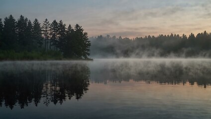 Fog over a lake at dawn.