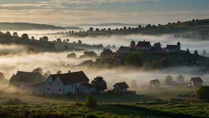 Fog rolling over a sleepy village.