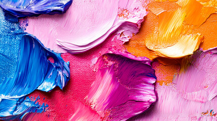 Obraz premium A colorful display of abstract art features thick brushstrokes of blue, pink, orange, and purple layered dynamically on a textured surface, creating an engaging visual experience