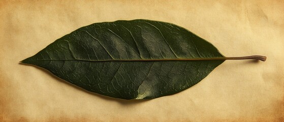 A single green leaf displayed on a textured background, emphasizing natural beauty.