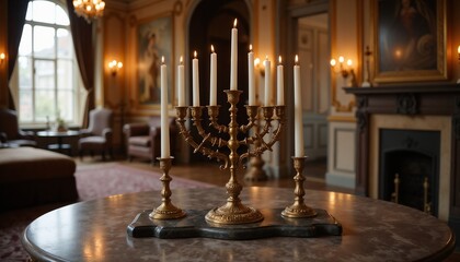 Golden menorah with nine candles in elegant luxurious room. Luminaire . A gold seven-arm candlestick, or candlestick for seven candles