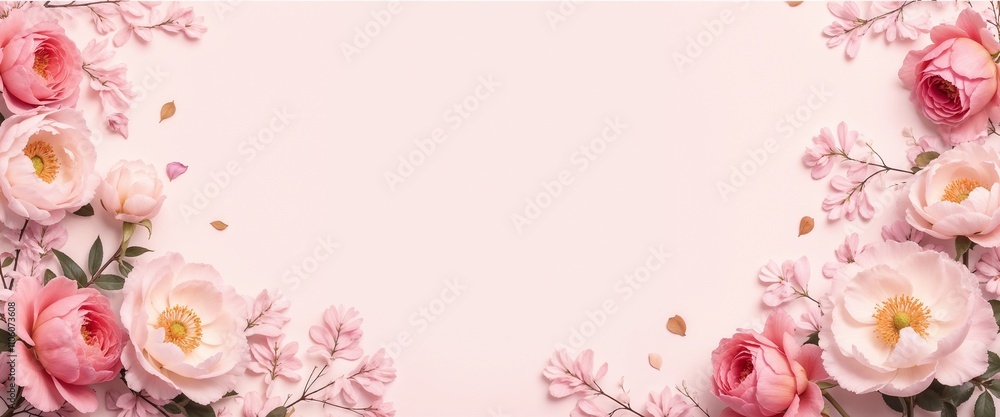 Poster light pink background with flowers on edges and empty center