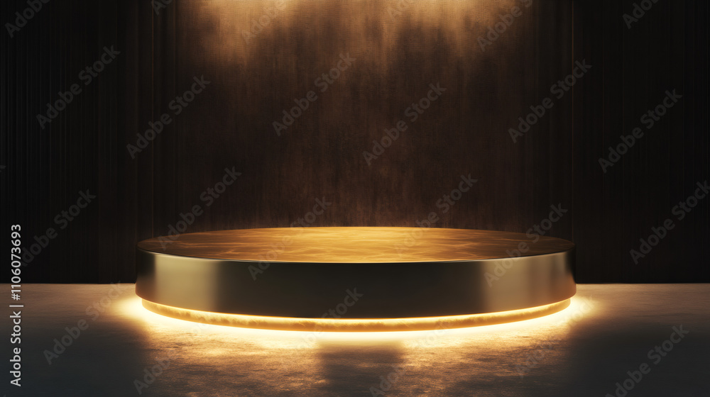 Aufkleber Luxurious empty podium with glowing base set against a dark textured backdrop, perfect for showcasing products