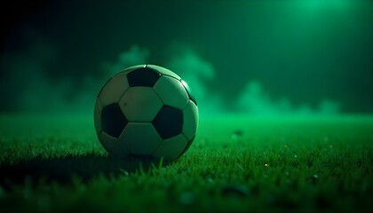 Naklejka premium A soccer ball illuminated by ethereal green lighting with sparkling effects