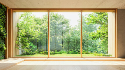 Modern eco-friendly office with large windows showcasing a green outdoor garden view