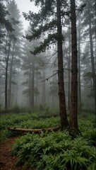 Obraz premium Foggy morning forest scene.