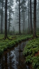 Obraz premium Foggy morning forest scene.