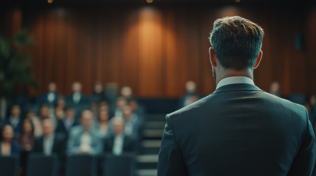 A professional speaker addressing a blurred audience in a formal venue.
