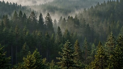 Fototapeta premium Foggy pine forest at morning.