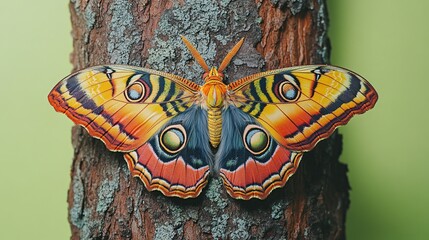 A vibrant butterfly resting on a tree trunk, showcasing intricate colors and patterns.