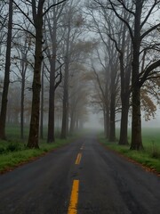 Fototapeta premium Foggy road lined with trees.