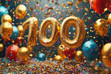 Golden balloons shaped like the number 100 are surrounded by colorful confetti and vibrant balloons in a festive celebration