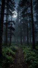 Obraz premium Foggy twilight forest, moonlit and serene.