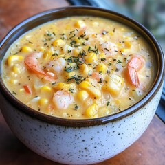 Delicious shrimp corn chowder in a bowl.