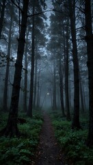 Fototapeta premium Foggy twilight forest, moonlit and serene.