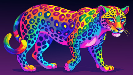 Fototapeta premium Vibrant rainbow leopard in a neon gradient landscape showcasing colorful patterns and an artistic style