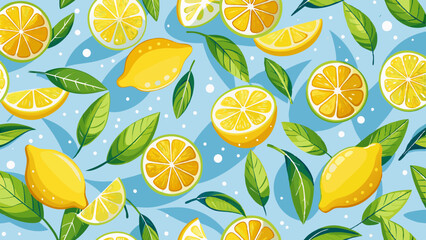 Vibrant seamless lemon pattern with fresh leaves set on a light summer background