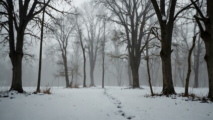 Foggy winter landscape with bare trees and snow.
