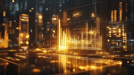 A dynamic bar chart with golden hues and financial icons in a glowing virtual interface