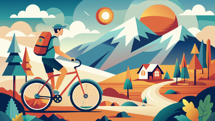 Exploring scenic landscapes on a bicycle during a vibrant sunset in a mountain region