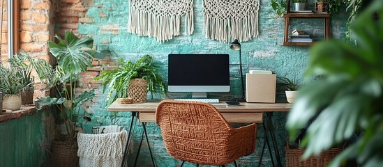 A cozy workspace featuring plants, a computer, and macram? decor against a textured wall.