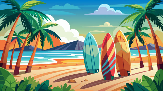 Surfers prepare for an exciting day on the beach with vibrant surfboards and swaying palm trees at sunset