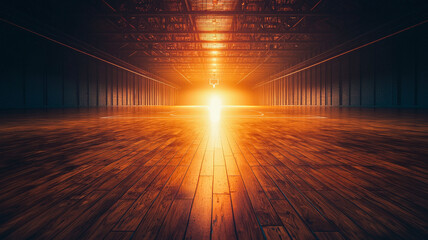 A dynamic basketball court featuring a glowing hardwood floor illuminated by a dramatic spotlight. A faint basketball hoop is visible in the distance, with subtle motion trail effects.