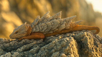 A breathtaking surreal depiction of a lizard with rock like skin basking in warm golden light on rocky terrain showcasing natures unique beauty and artistry