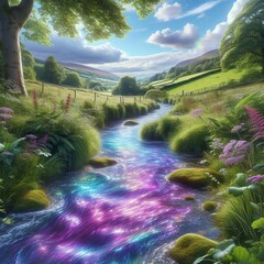 Fantasy-style digital painting of an idyllic stream flowing through a verdant valley and water glows and blue light.