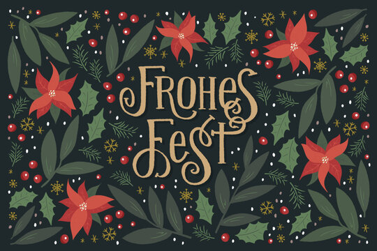 Lovely hand drawn Christmas design with text in German "Merry Christmas" and decoration, elegant template - great for invitations, cards, banners, wallpaper - vector design