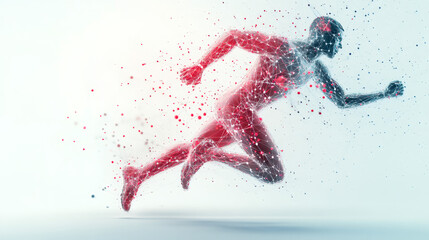 Polygonal athlete running with disintegrating red particles, embodying speed, technology, and human potential